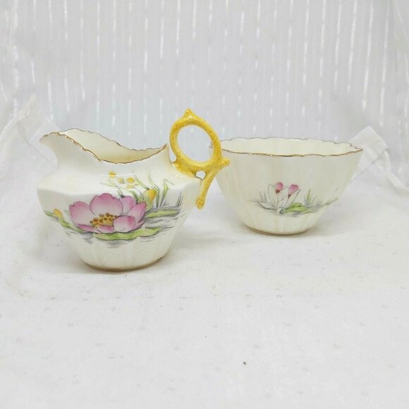 Royal Paragon By Appointment Sugar and Creamer Set-Lily Pads-Pink-Yellow-Weave - Picture 1 of 10